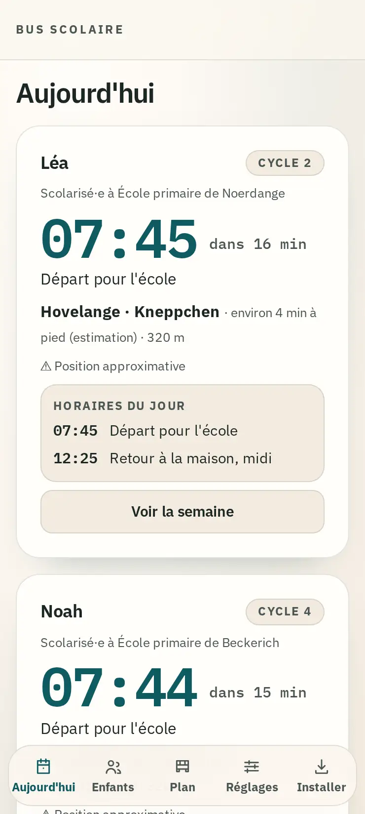 Écran d’accueil de l’application : la carte de Léa, bus à 07:45 au Kneppchen.