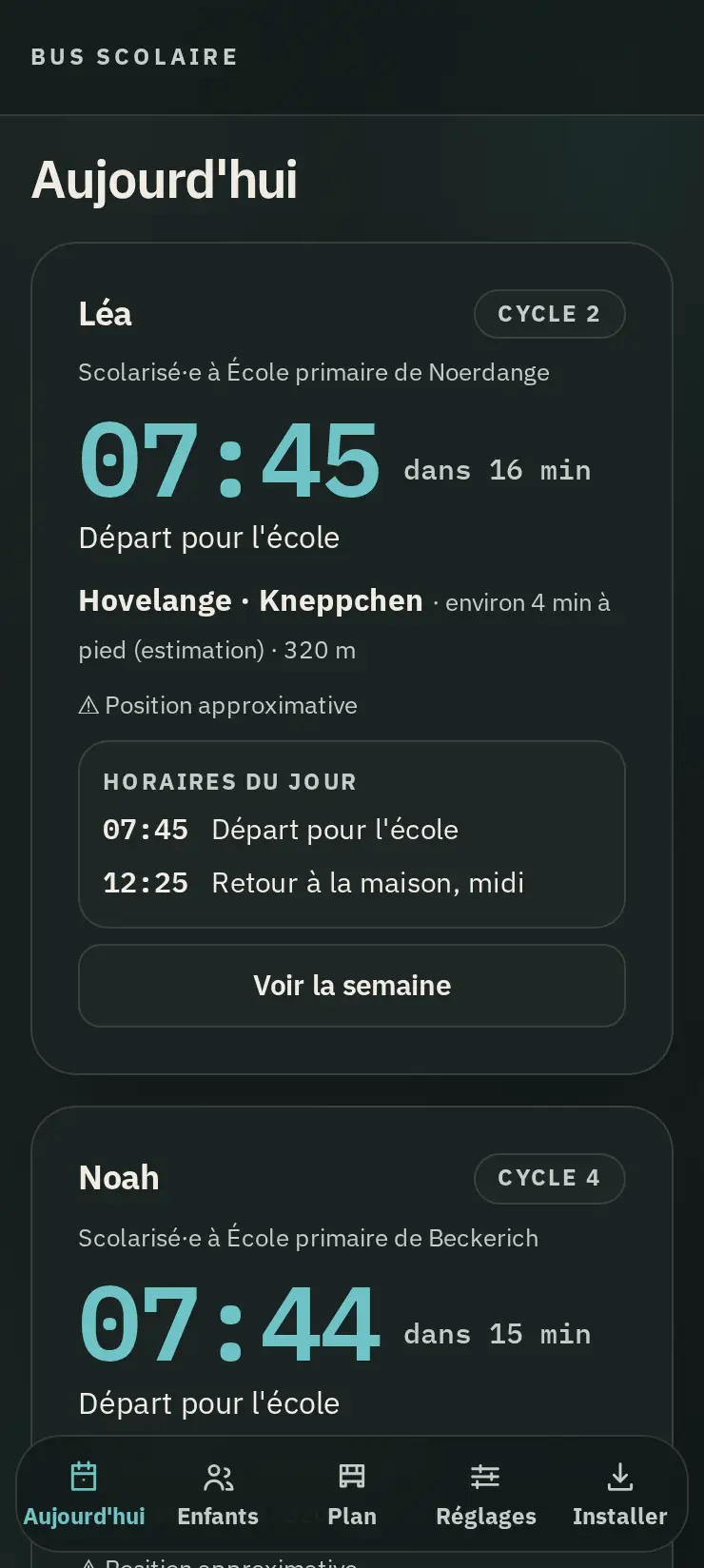 Écran d’accueil de l’application : la carte de Léa, bus à 07:45 au Kneppchen.